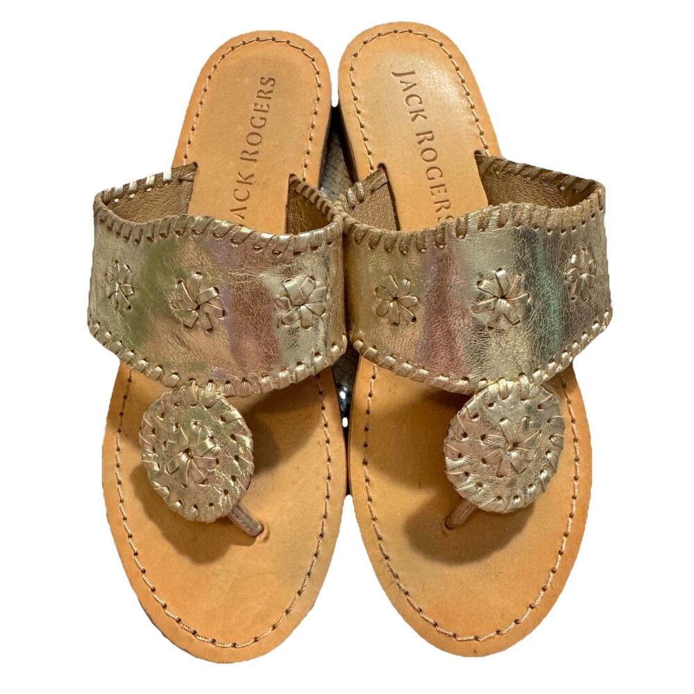 Jack Rogers Girls Size 4 Gold Metallic Leather Sandals Whipstitch Preppy Costal